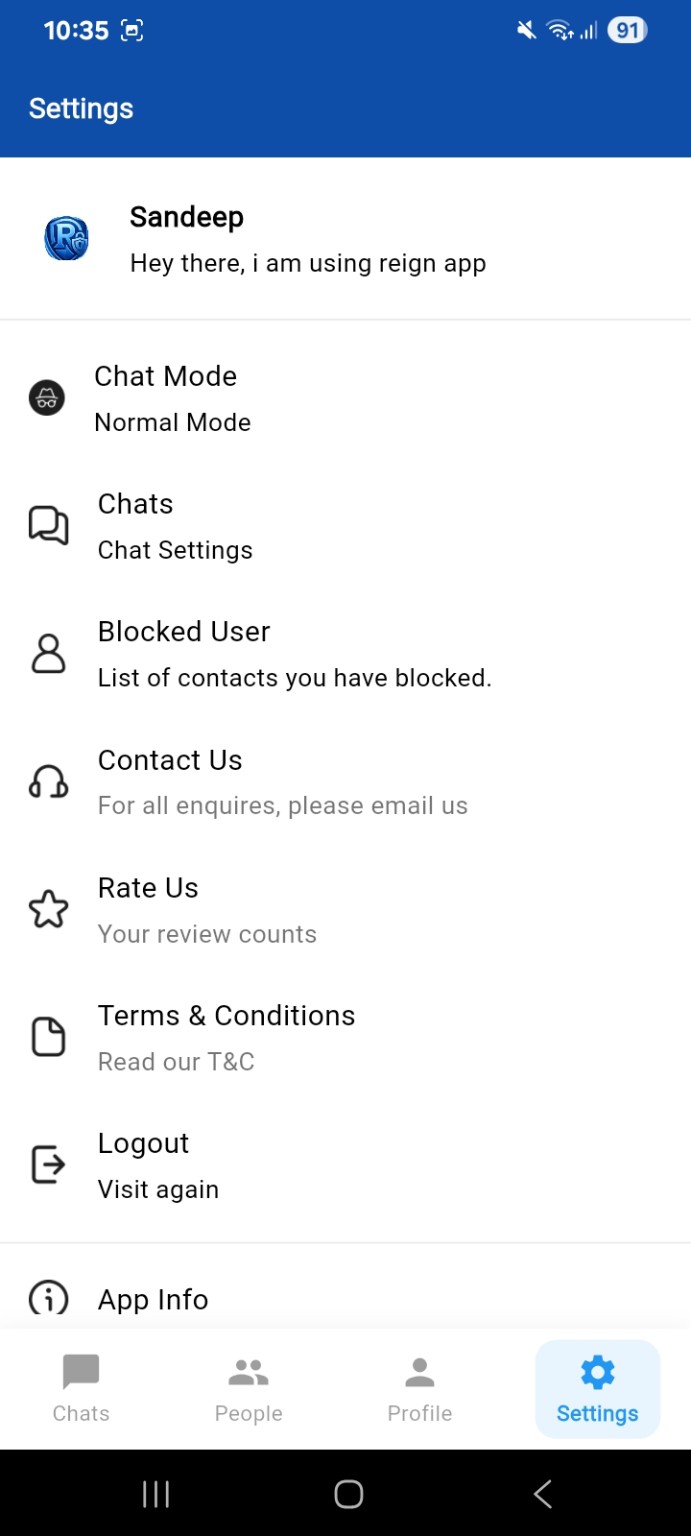 Reign Settings screen